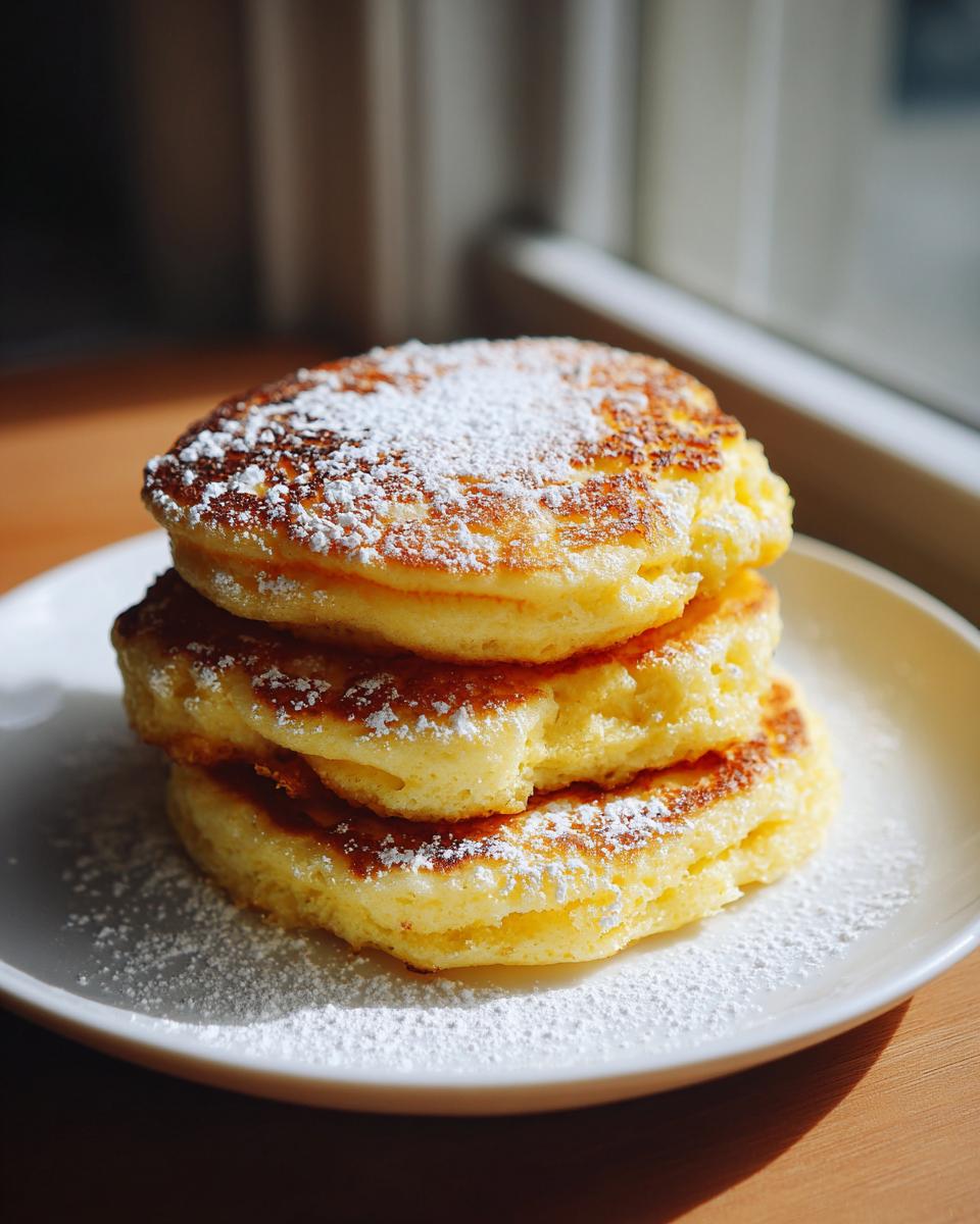 A stack of three fluffy Lemon Ricotta Pancakes dusted generously with powdered sugar on a white plate.