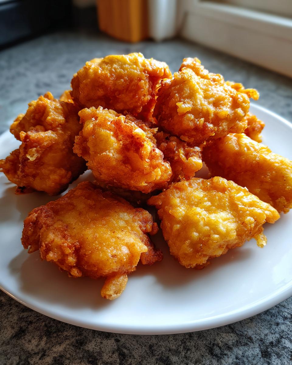 A close-up of golden brown, battered pieces of Light Crispy Japanese Chicken Tempura piled on a white plate.