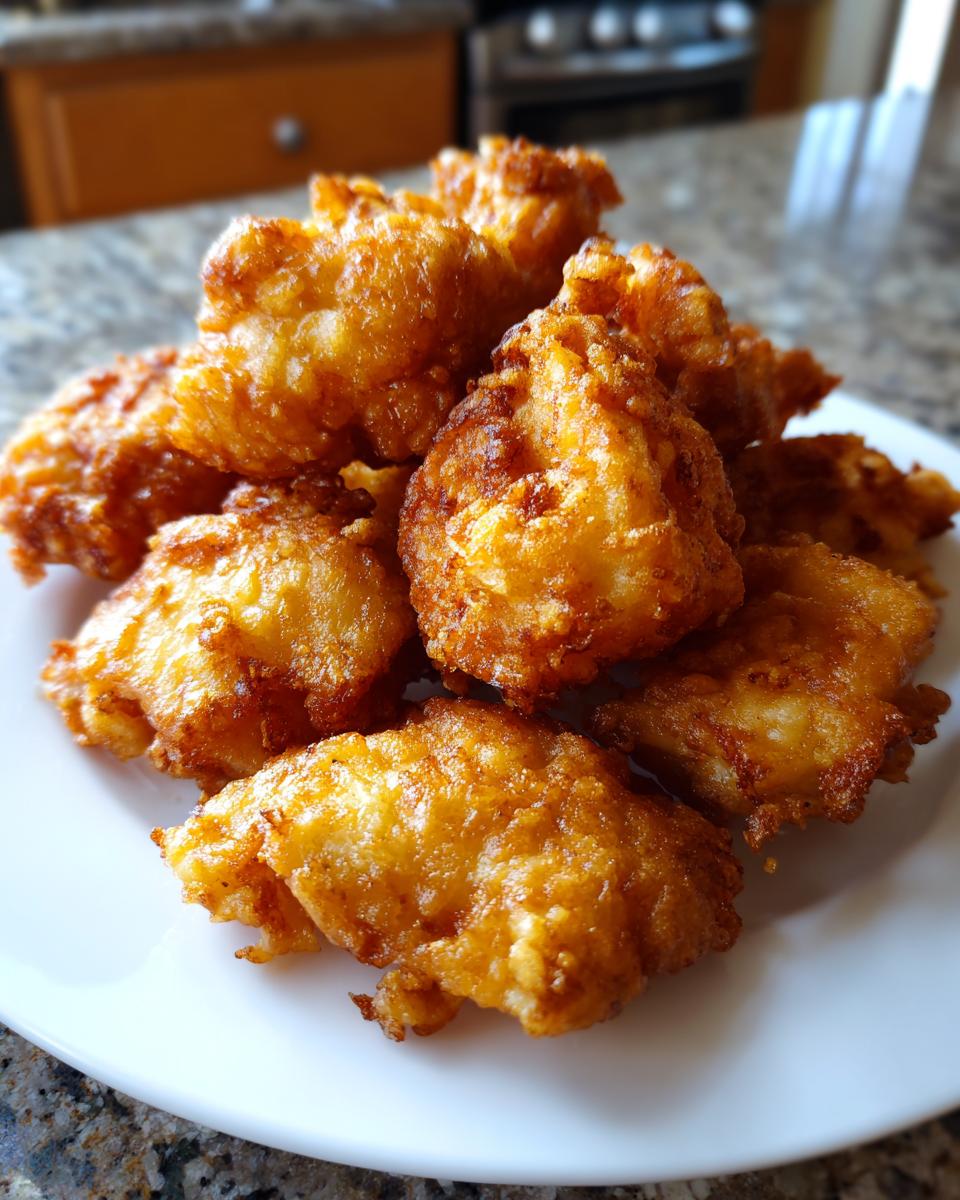 A close-up of several pieces of golden brown Light Crispy Japanese Chicken Tempura stacked on a white plate.