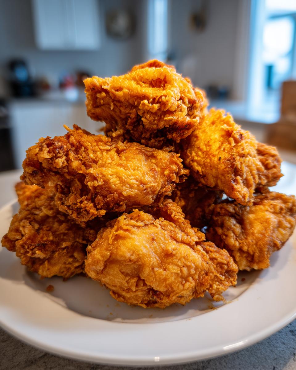 A close-up stack of golden brown, crispy pieces of Light Crispy Japanese Chicken Tempura on a white plate.