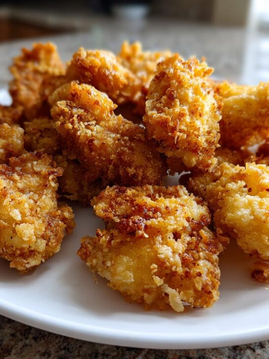 A pile of golden brown, crispy pieces of Light Crispy Japanese Chicken Tempura served on a white plate.