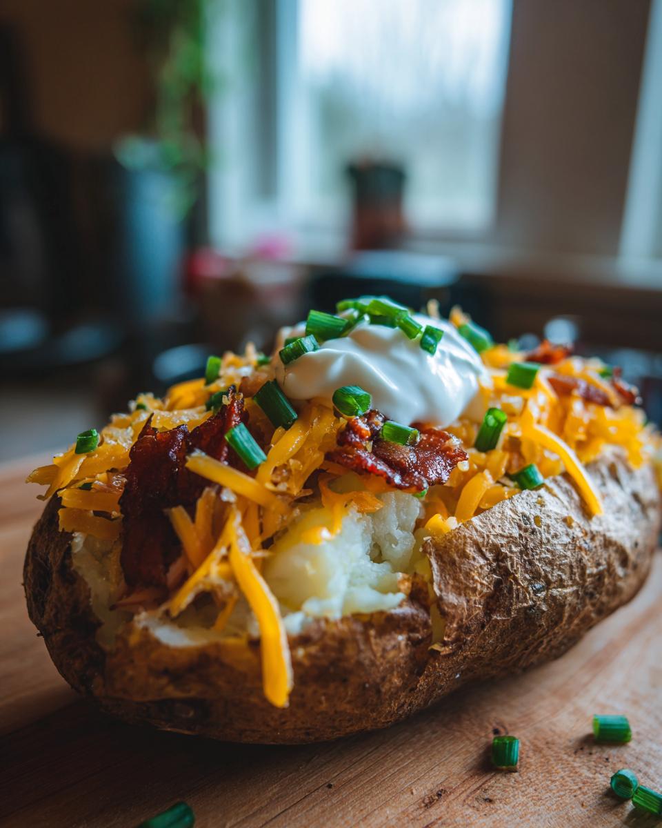 A close-up of a Loaded Baked Potato With Pulled Pork, topped with shredded cheese, bacon bits, sour cream, and chives.