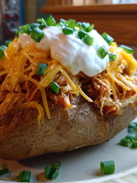 A fully loaded baked potato with pulled pork, shredded cheddar cheese, sour cream, and green onions.