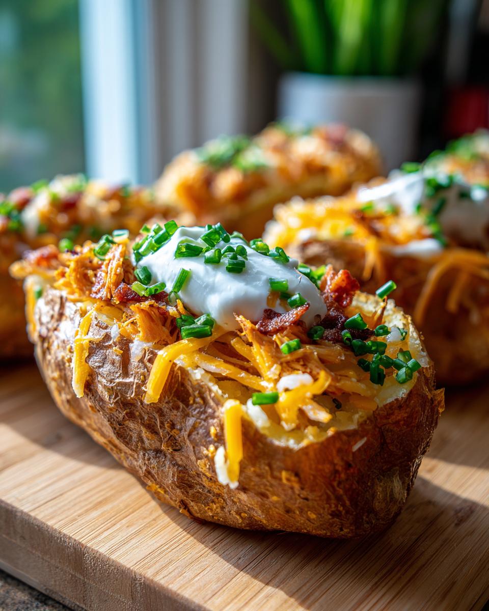 A close-up of a Loaded Baked Potato With Pulled Pork topped with cheese, sour cream, and chives.