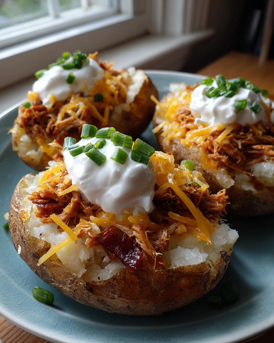Three baked potatoes loaded with pulled pork, shredded cheese, sour cream, and chives, ready to eat.
