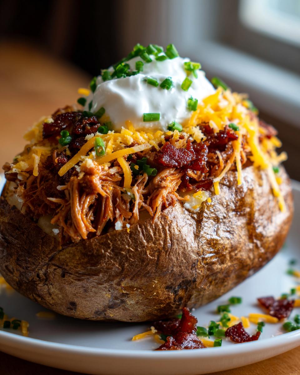 A close-up of a perfectly baked potato stuffed with pulled pork, cheddar cheese, bacon bits, sour cream, and chives.