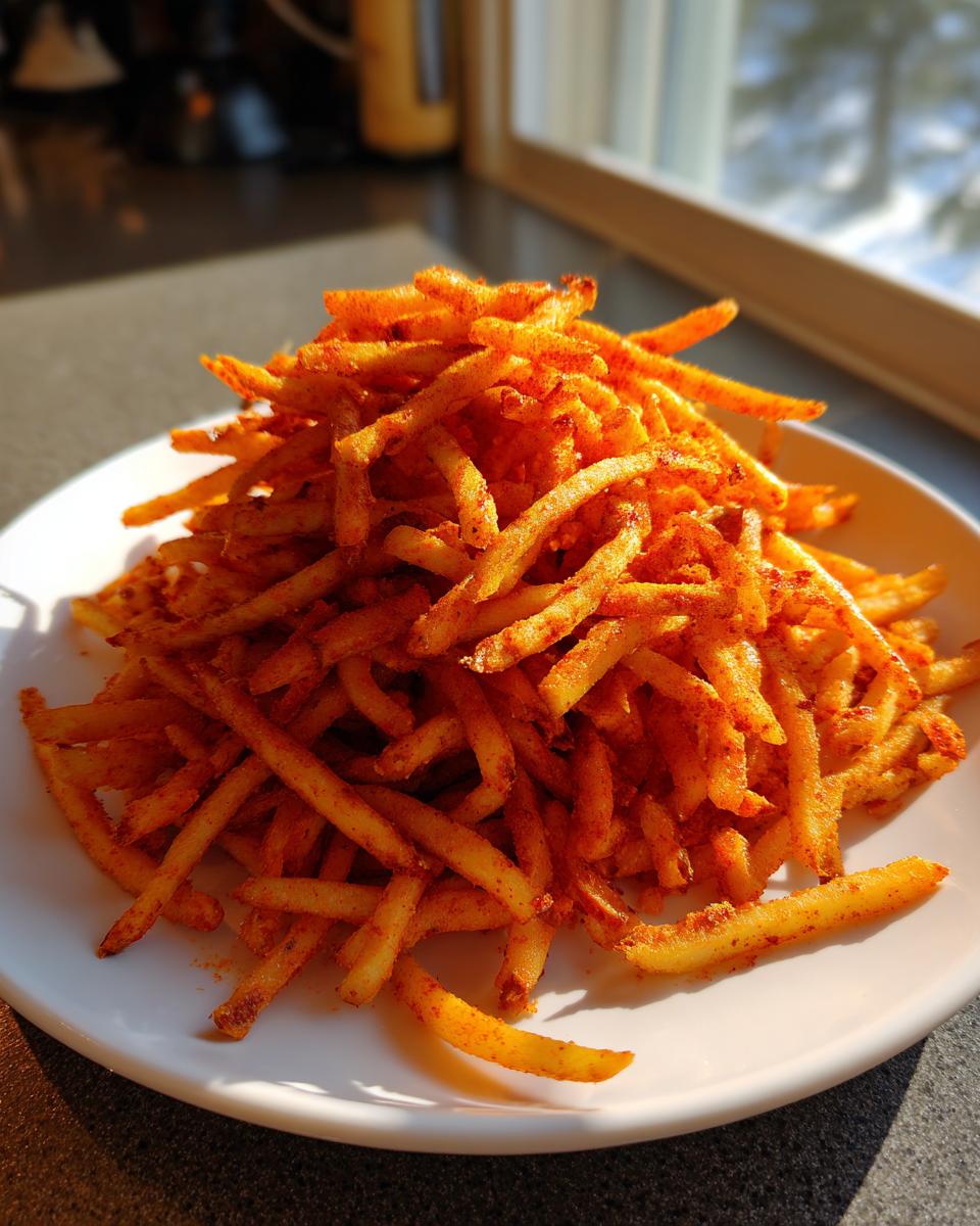 A large mound of crispy, bright red seasoned Louisiana Voodoo Fries piled high on a white plate.