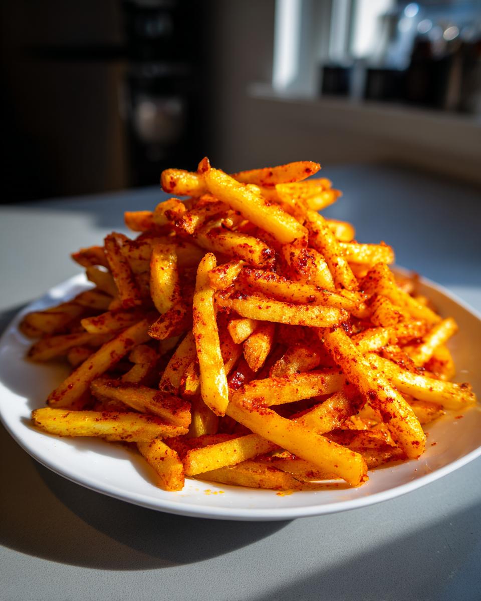 A tall pile of golden Louisiana Voodoo Fries coated heavily in red spices, served on a white plate.