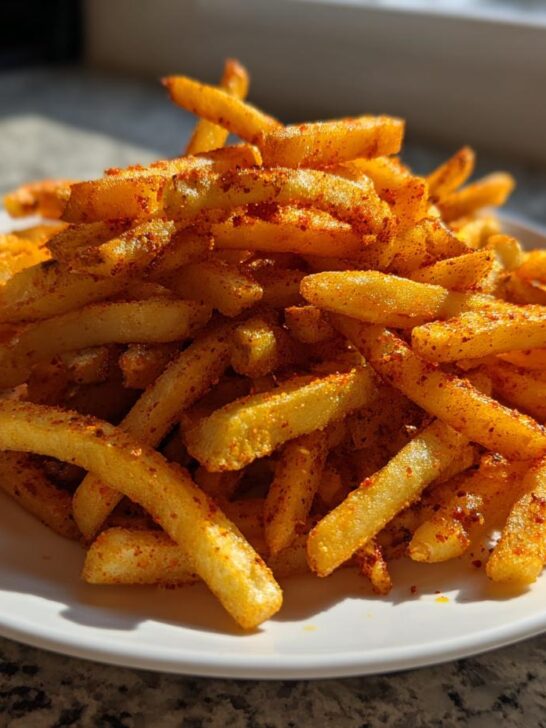 A close-up image of a generous serving of golden, crispy Louisiana Voodoo Fries heavily seasoned with red spices.