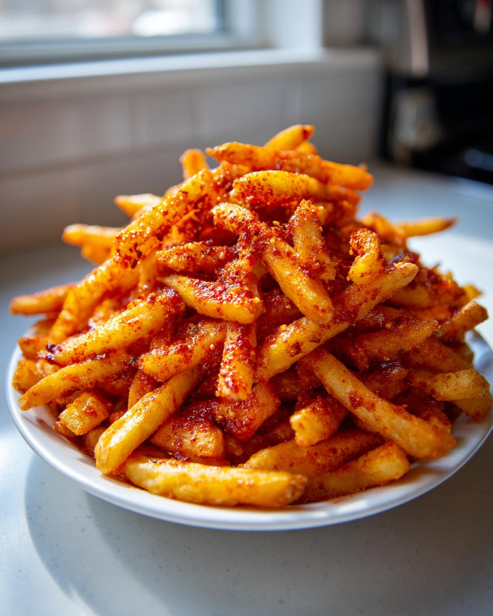 A tall pile of golden french fries heavily coated in a vibrant red, spicy seasoning, known as Louisiana Voodoo Fries.