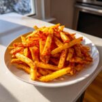 A generous pile of golden, thick-cut Louisiana Voodoo Fries heavily seasoned with red spices on a white plate.