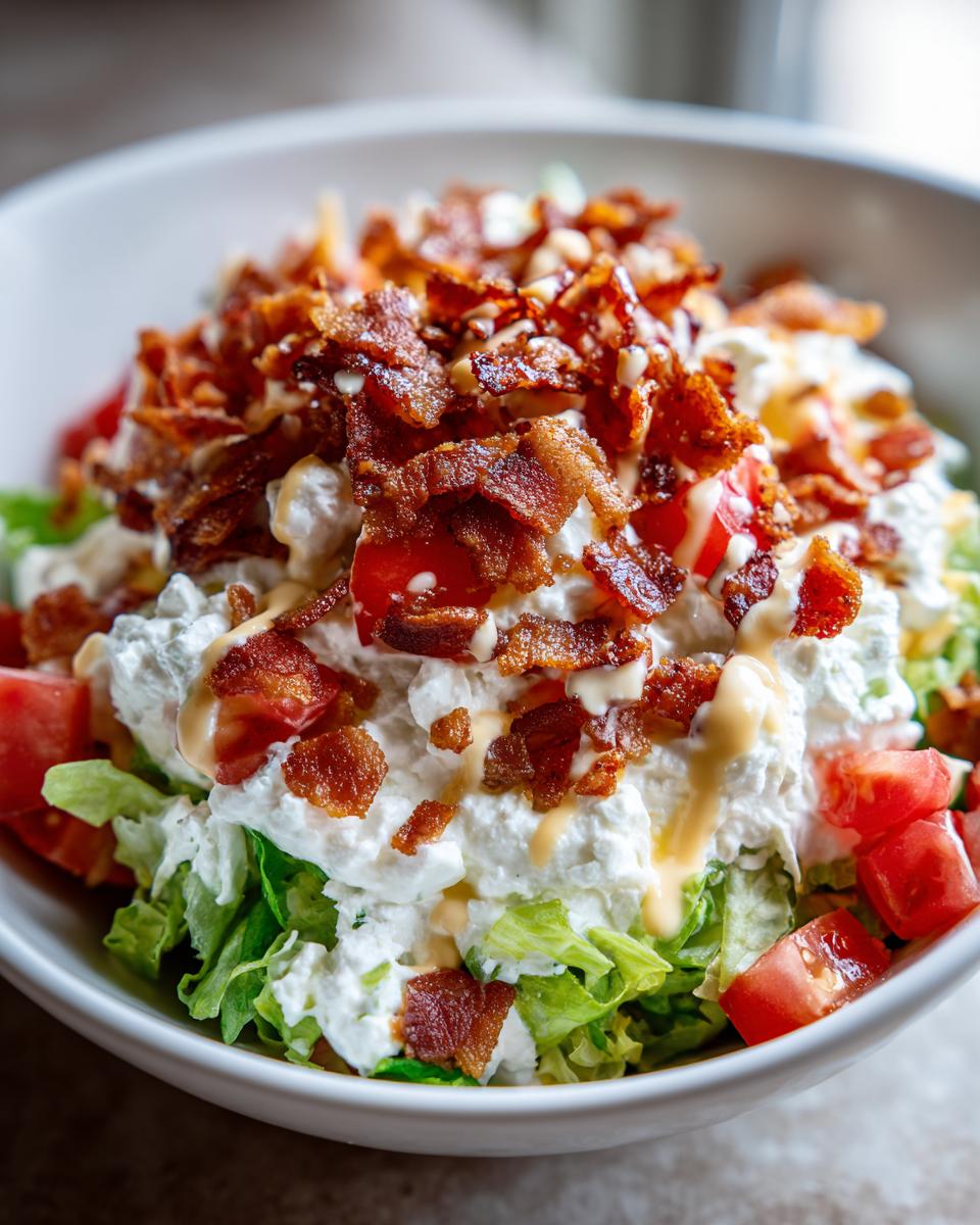 A close-up of a Low Carb BLT Cottage Cheese Bowl topped generously with cottage cheese, crispy bacon bits, and diced tomatoes.