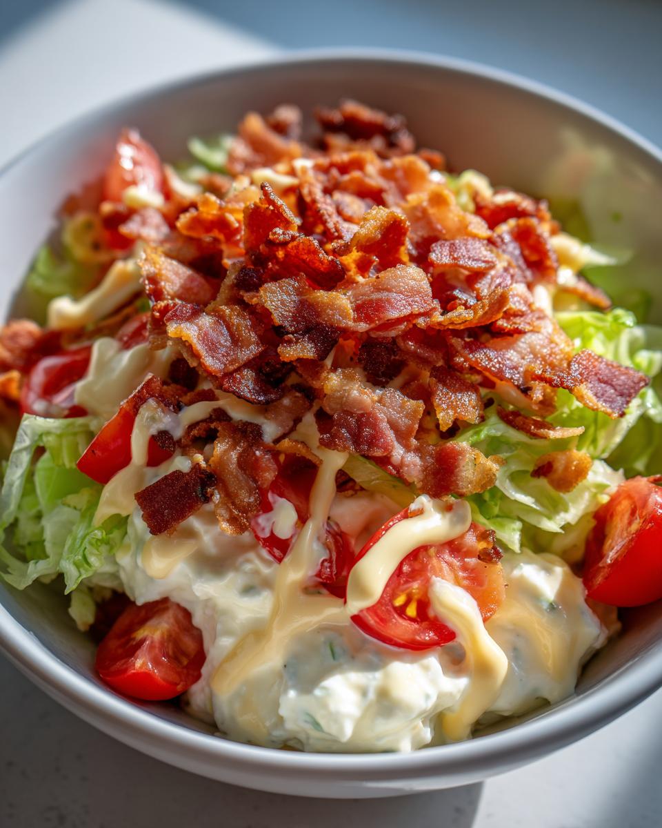 Close-up of a Low Carb BLT Cottage Cheese Bowl topped with crispy bacon, tomatoes, and creamy dressing.