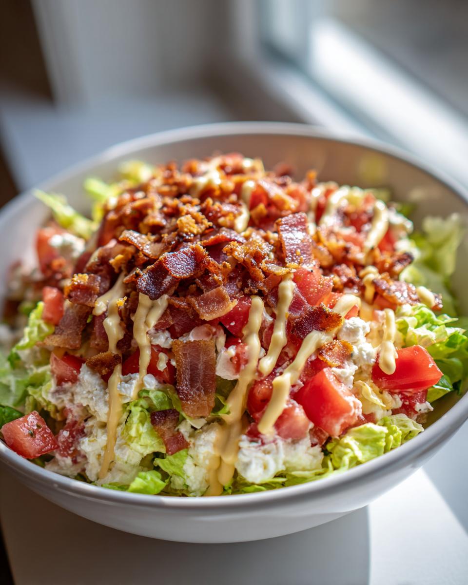 A close-up of a Low Carb BLT Cottage Cheese Bowl topped with crispy bacon, diced tomatoes, and a creamy dressing.
