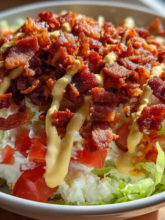 A close-up of a Low Carb BLT Cottage Cheese Bowl topped with crispy bacon bits and a drizzle of yellow dressing.