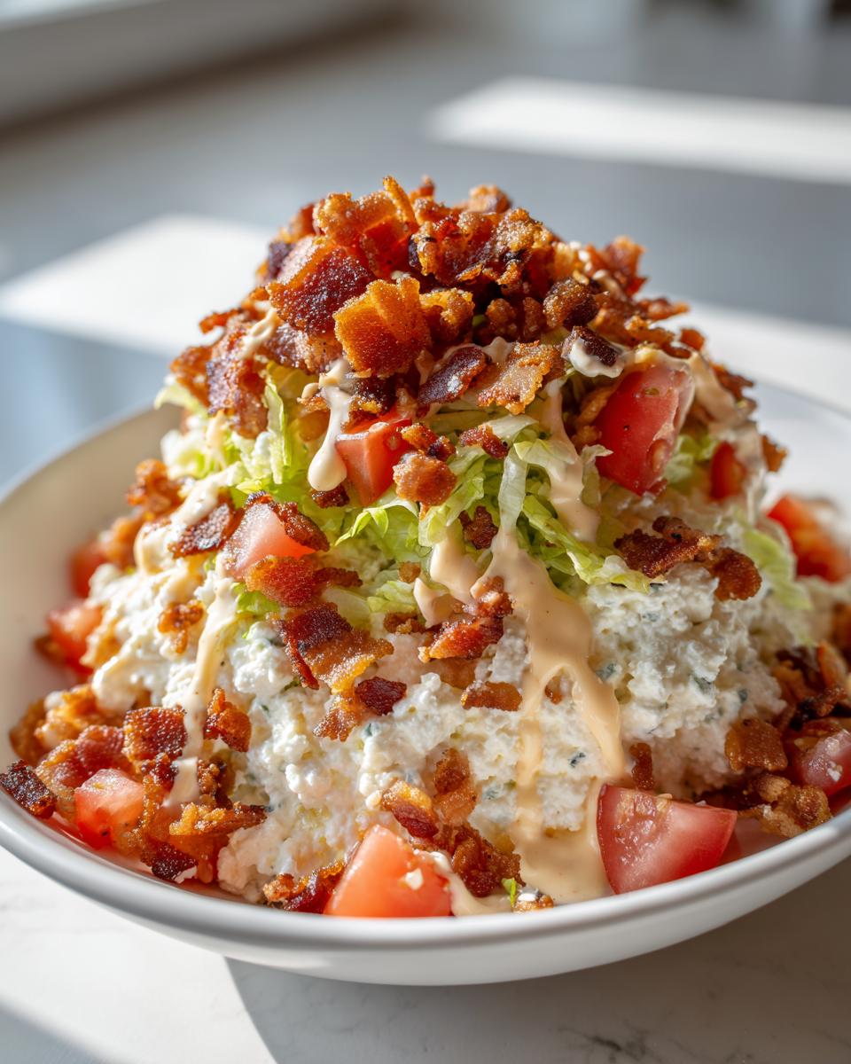 A close-up of a Low Carb BLT Cottage Cheese Bowl topped generously with crispy bacon, lettuce, tomato, and dressing.