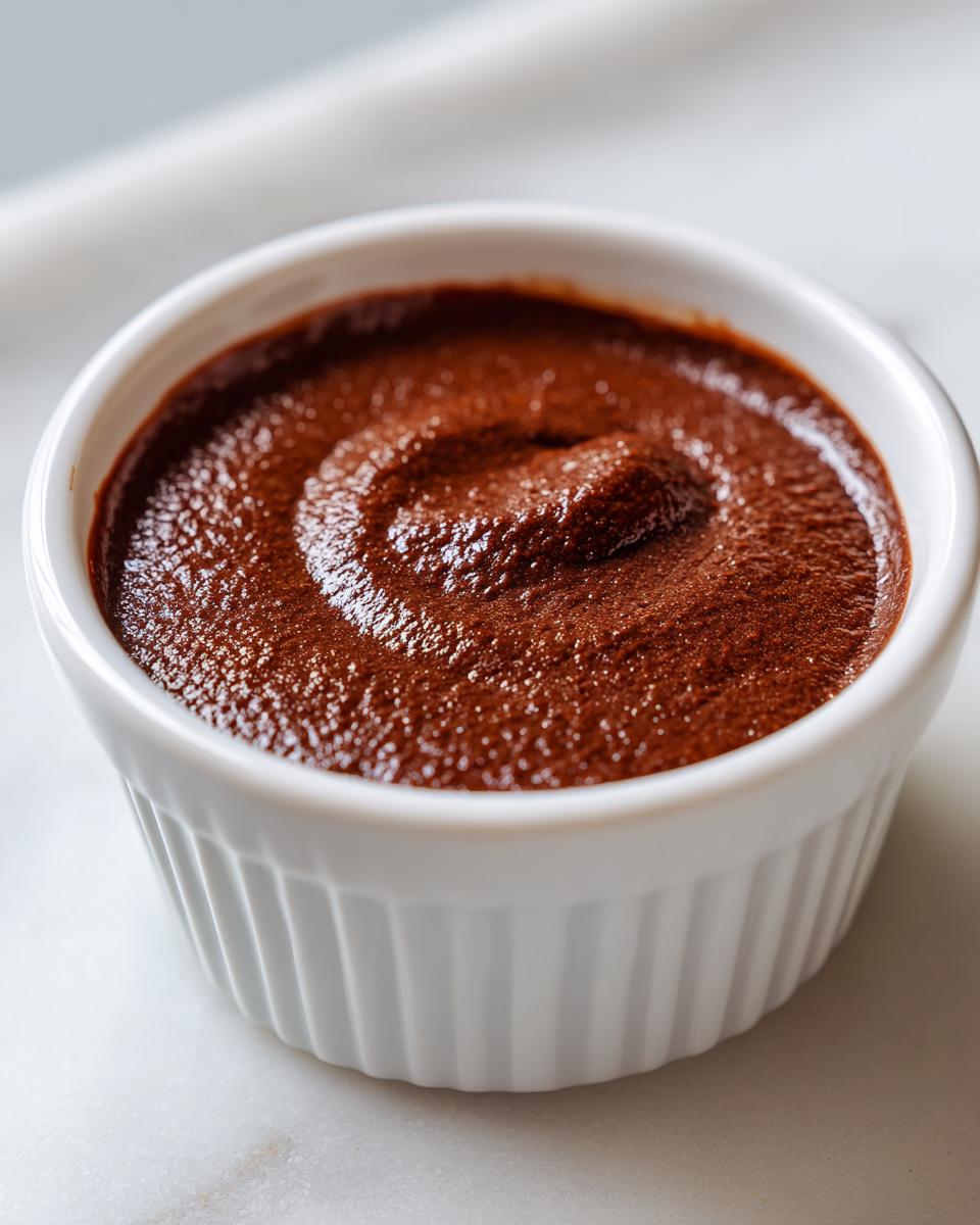 Close-up of rich, dark chocolate cottage cheese mousse swirled in a white ceramic ramekin.