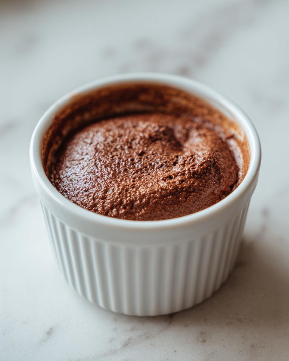 A single serving of rich, dark brown Low Carb Chocolate Cottage Cheese Mousse in a white fluted ramekin.
