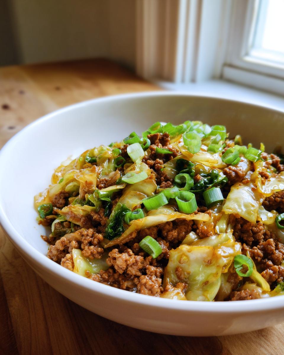 Close-up of a white bowl filled with Low Carb Egg Roll In A Bowl, featuring ground meat and cabbage topped with green onions.