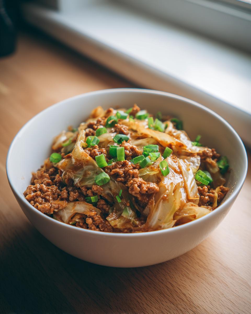 A white bowl filled with Low Carb Egg Roll In A Bowl, featuring ground meat and cooked cabbage, topped with fresh green onions.