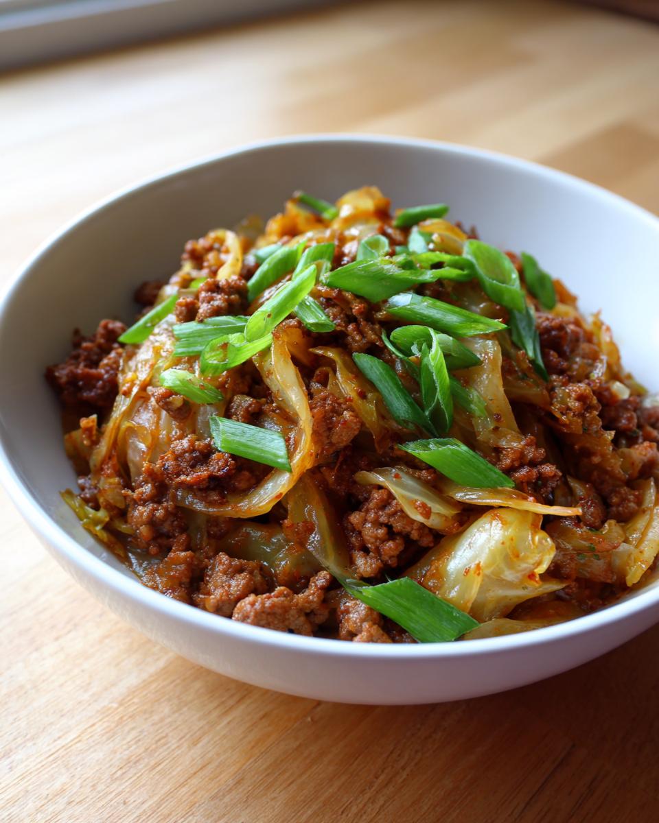 A close-up of a white bowl filled with Low Carb Egg Roll In A Bowl, featuring ground meat and cabbage topped with fresh green onions.