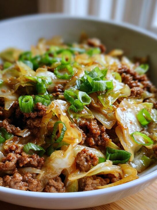 Close-up of a white bowl filled with Low Carb Egg Roll In A Bowl featuring ground meat and cabbage, topped with fresh green onions.