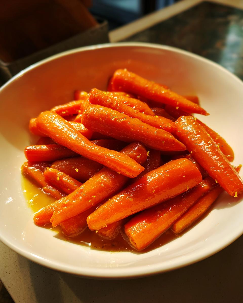 Close-up of bright orange, glossy Maple Glazed Carrots piled in a white serving bowl with excess glaze.