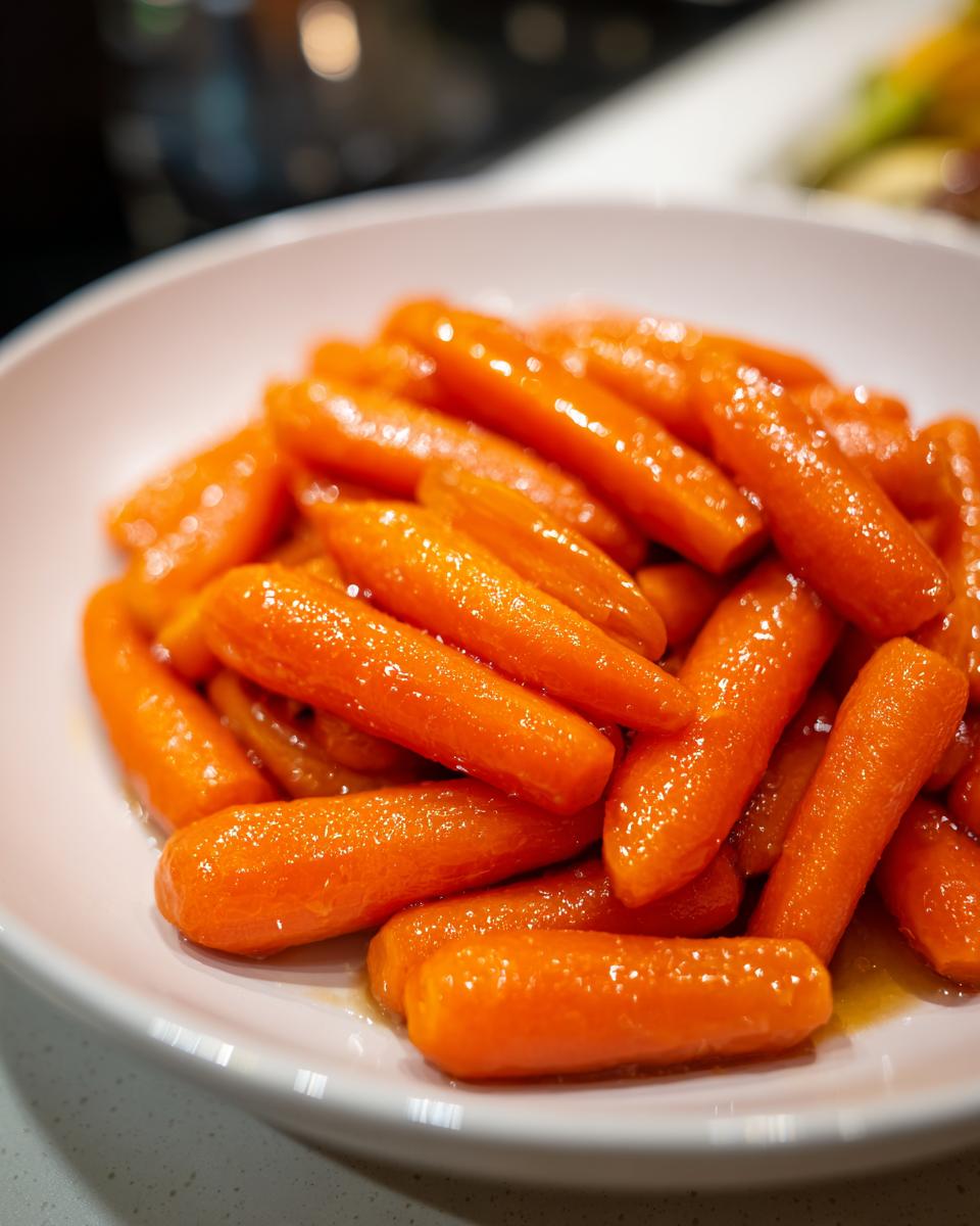 A white bowl filled with bright orange, glossy Maple Glazed Carrots glistening with syrup.