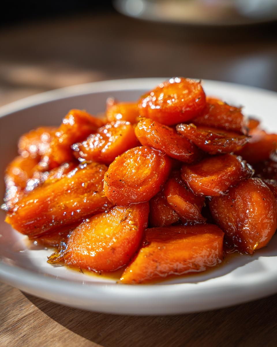 Close-up of glossy, orange Maple Glazed Carrots piled high on a white dish, glistening under sunlight.