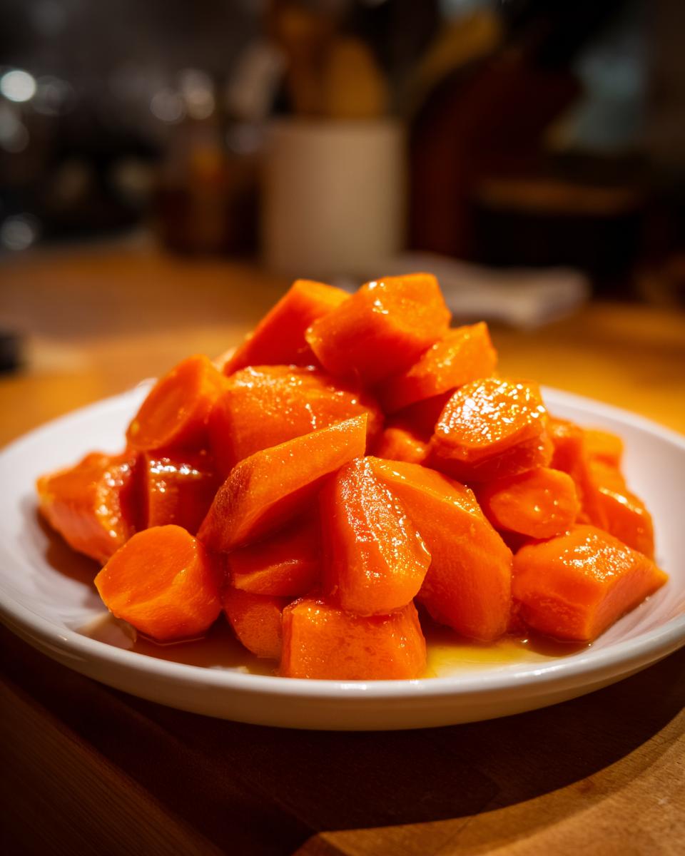 Close-up of bright orange, glossy Maple Glazed Carrots piled high on a white serving dish.