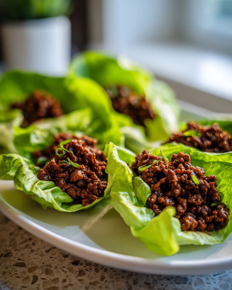 Close-up of several Mexican Ground Beef Lettuce Wraps filled with seasoned meat on a light plate.
