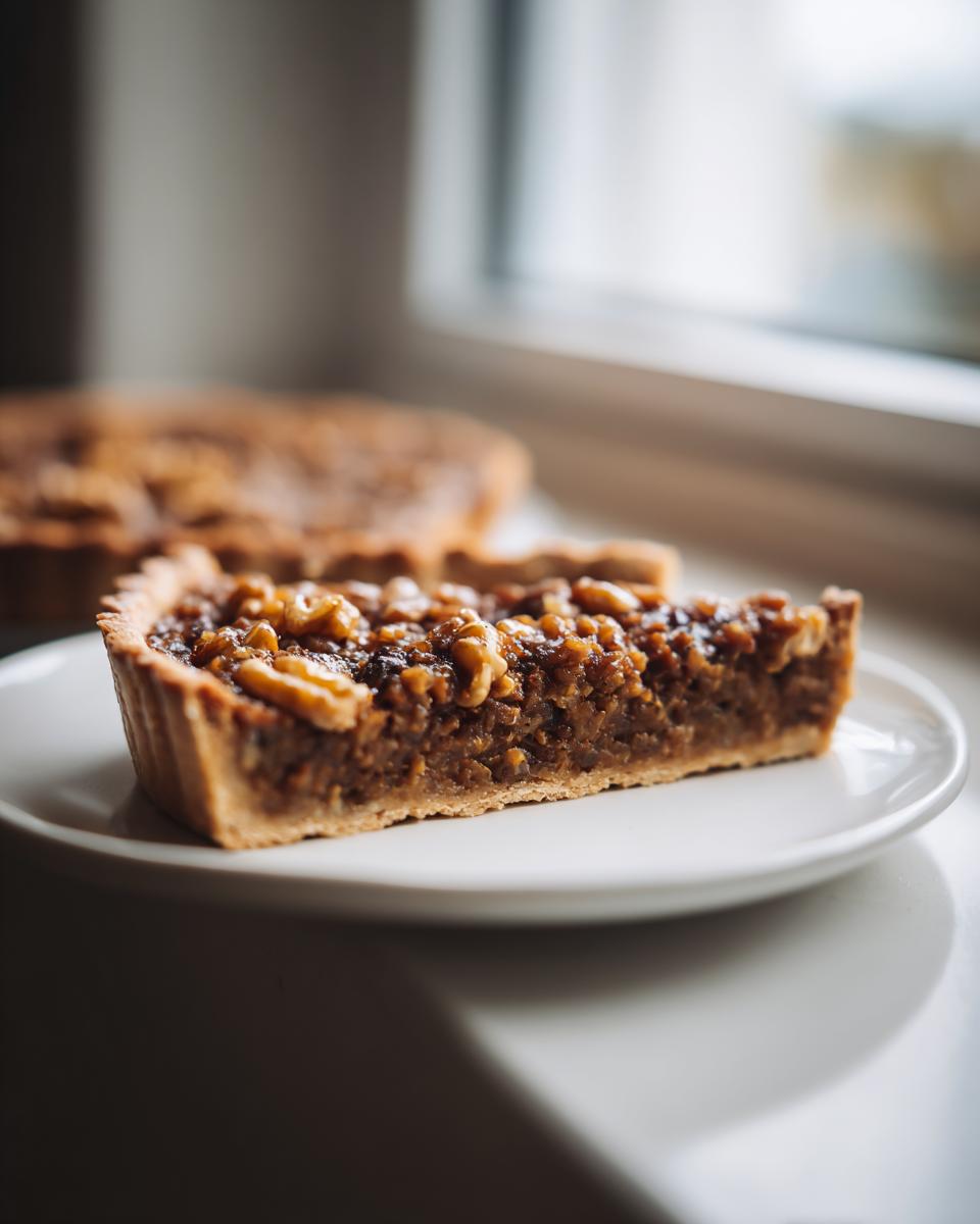 A close-up slice of the Mushroom Lentil And Walnut Tart showing the rich, nutty filling and crust, served on a white plate.