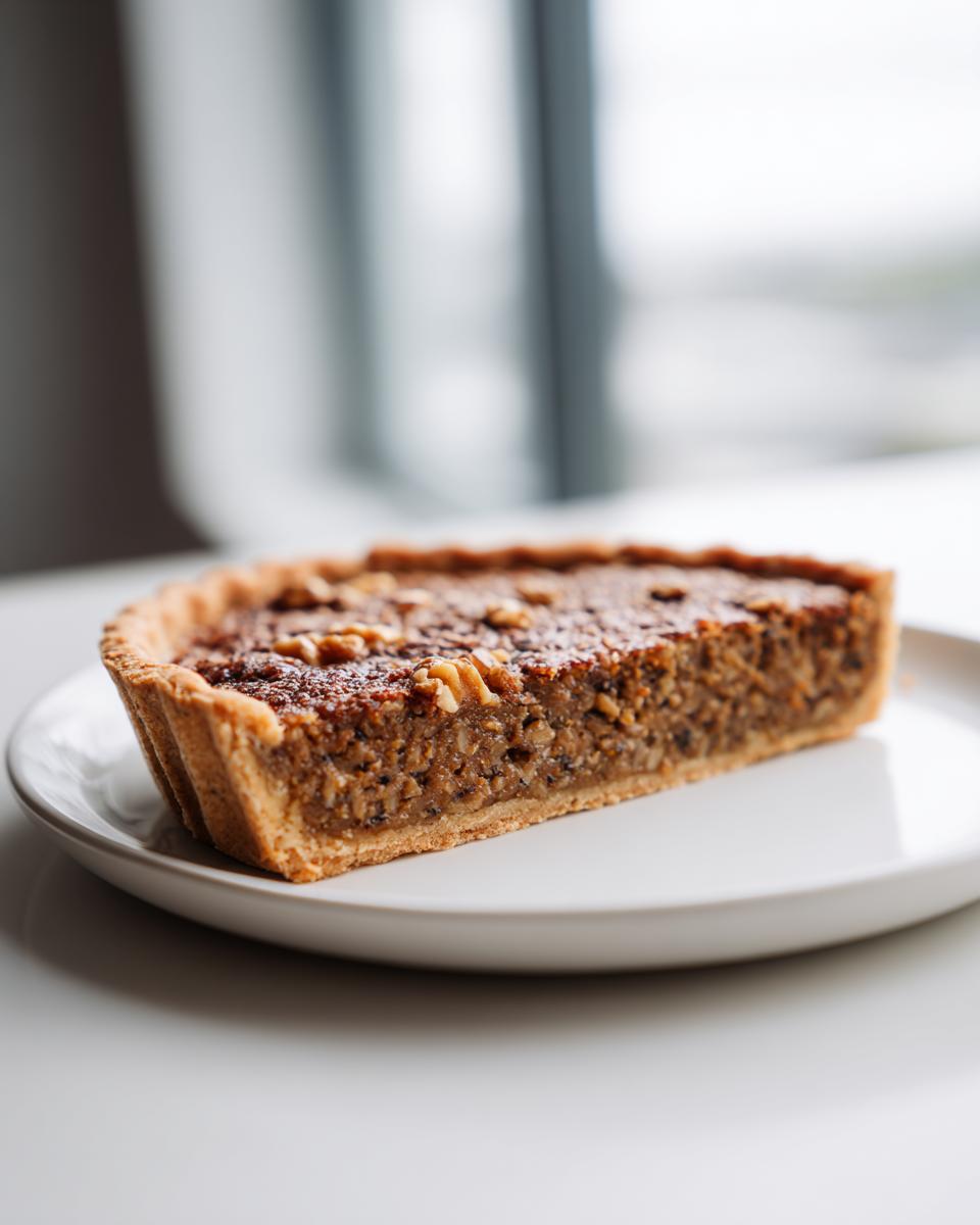 A close-up side view of a single slice of Mushroom Lentil And Walnut Tart resting on a white plate.