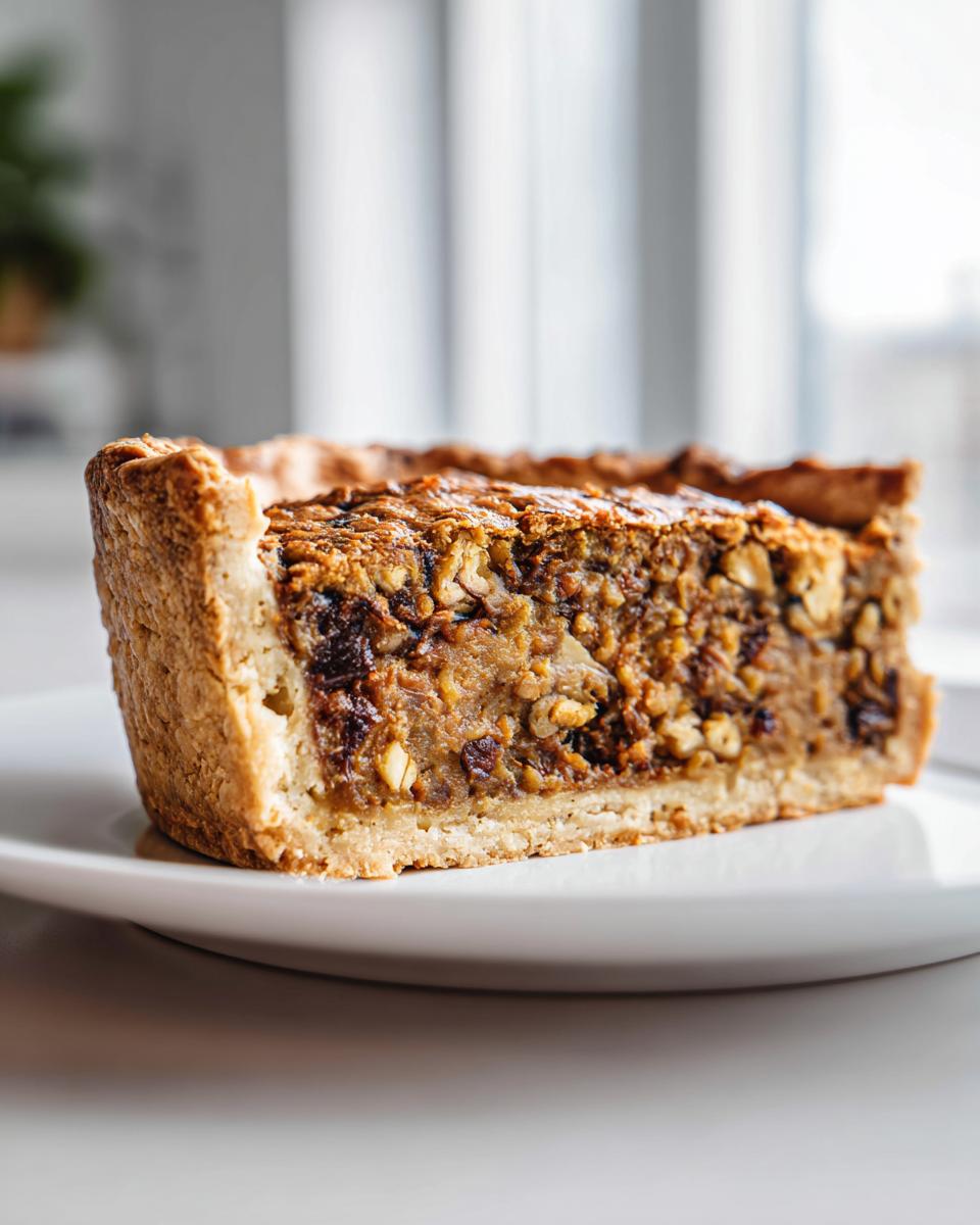 A close-up slice of the Mushroom Lentil And Walnut Tart showing the rich, textured filling with visible nuts and crust.