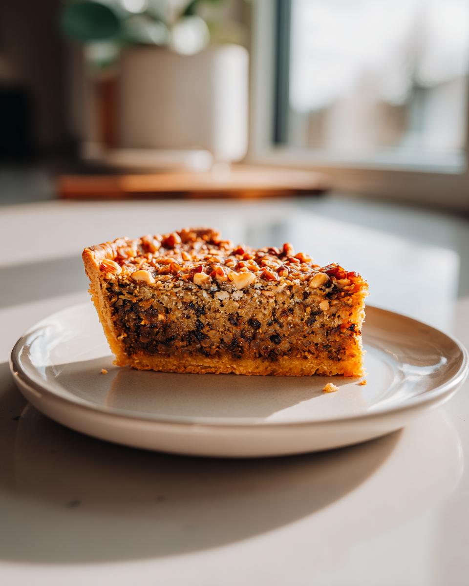A close-up of a slice of Mushroom Lentil And Walnut Tart on a light plate, featuring a dense filling and crunchy nut topping.