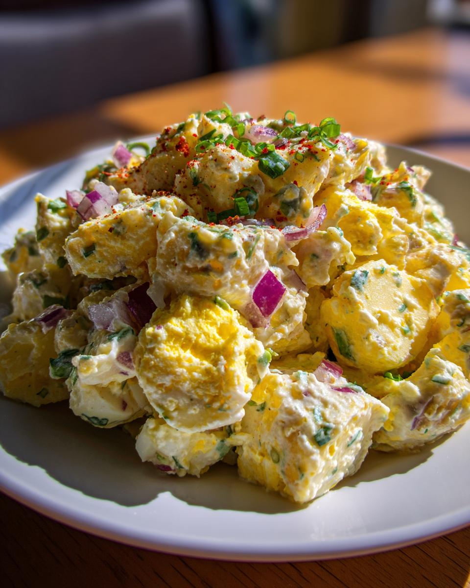 Close-up of a creamy Mustard Potato Salad featuring chunks of potato, visible hard-boiled egg, and red onion.