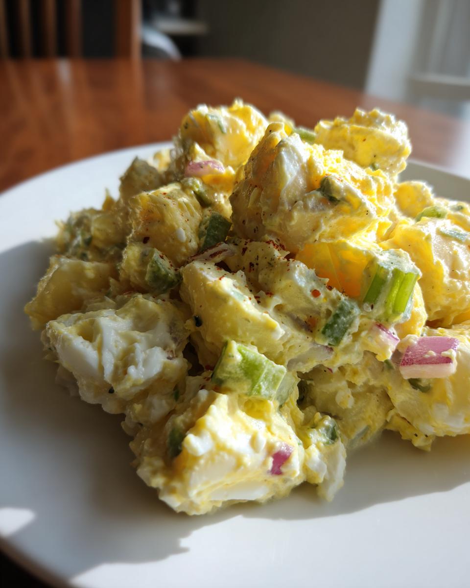 Close-up of a serving of creamy Mustard Potato Salad mixed with chopped eggs, green celery, and red onion on a white plate.