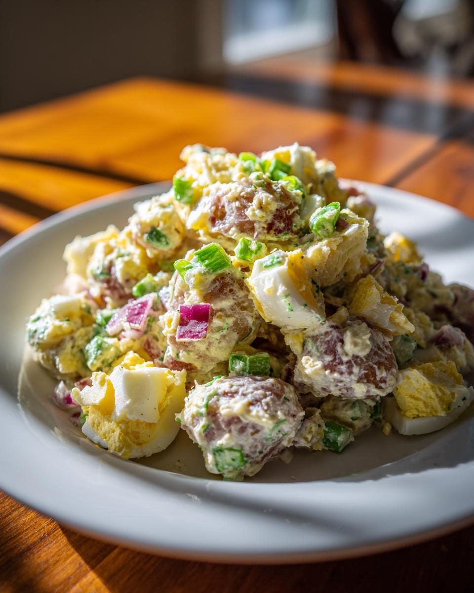 A close-up of a serving of creamy Mustard Potato Salad featuring red potatoes, chopped hard-boiled eggs, and green onions on a white plate.