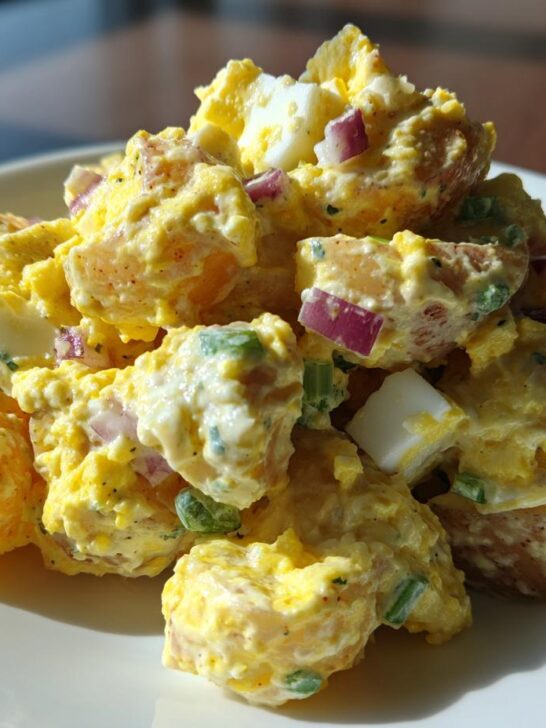 A mound of creamy Mustard Potato Salad featuring chunks of red potato, hard-boiled egg, and red onion on a white plate.
