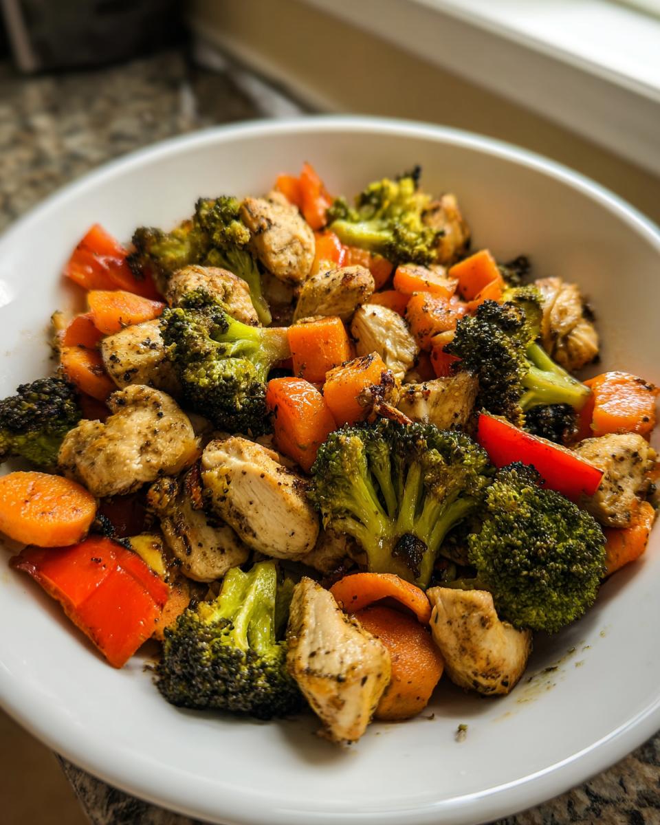 A close-up of seasoned chicken pieces mixed with roasted broccoli, carrots, and red peppers from the One Pan Chicken And Veggies recipe.