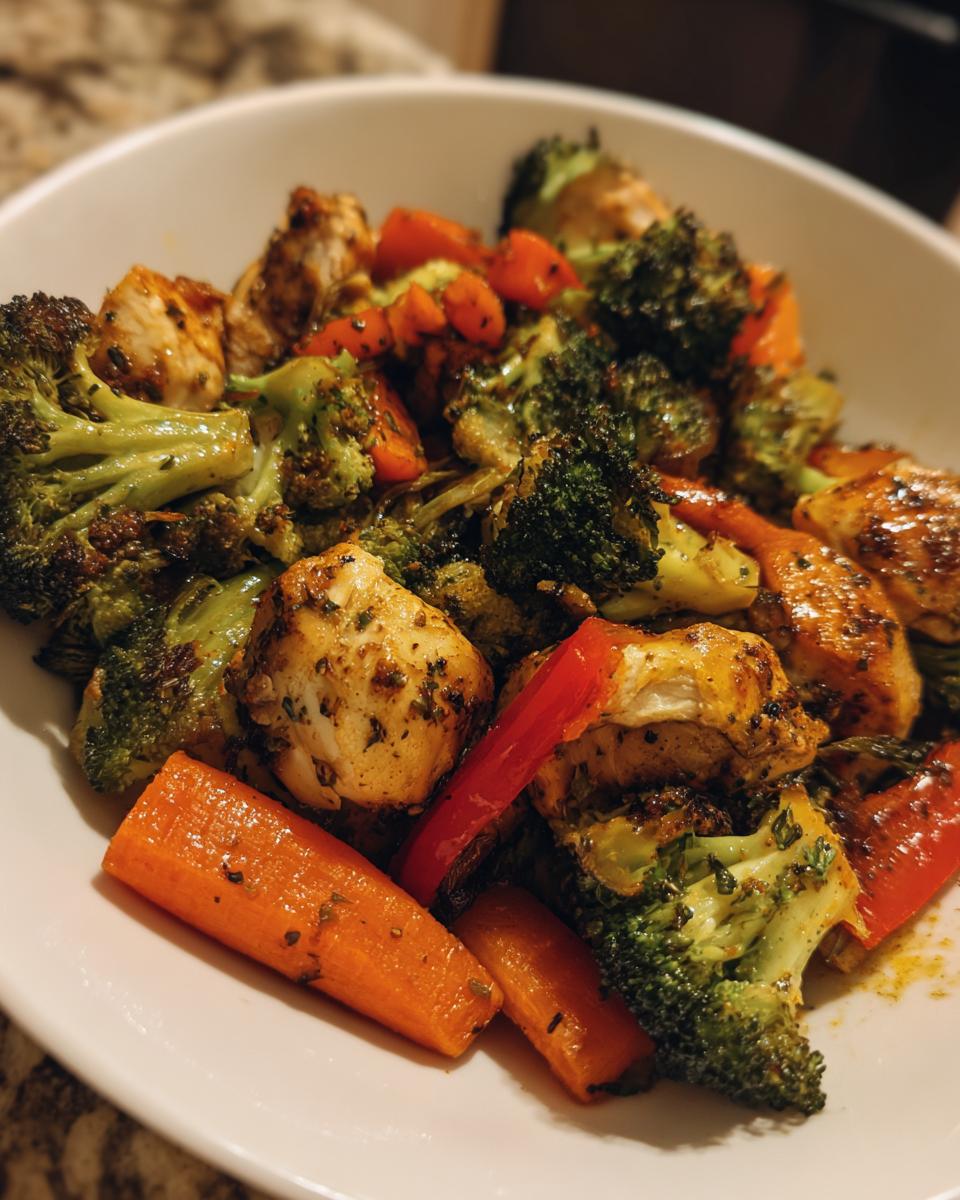 Close-up of seasoned chicken pieces mixed with roasted broccoli, carrots, and red peppers in a white bowl, showcasing the One Pan Chicken And Veggies.