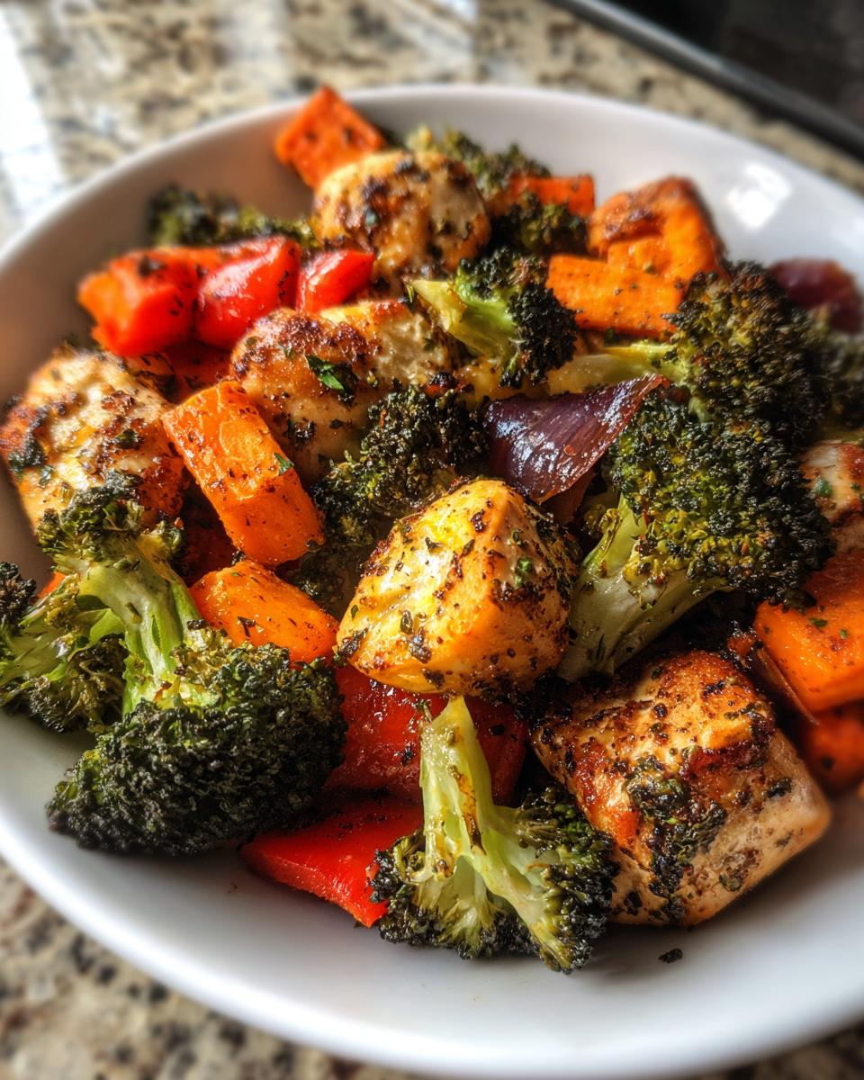 Close-up of seasoned, roasted chicken pieces mixed with broccoli, sweet potatoes, and red peppers in a bowl of One Pan Chicken And Veggies.