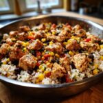 Close-up of seasoned chicken pieces over rice, corn, and black beans in a skillet for the One Pan Chicken Burrito Bowl.