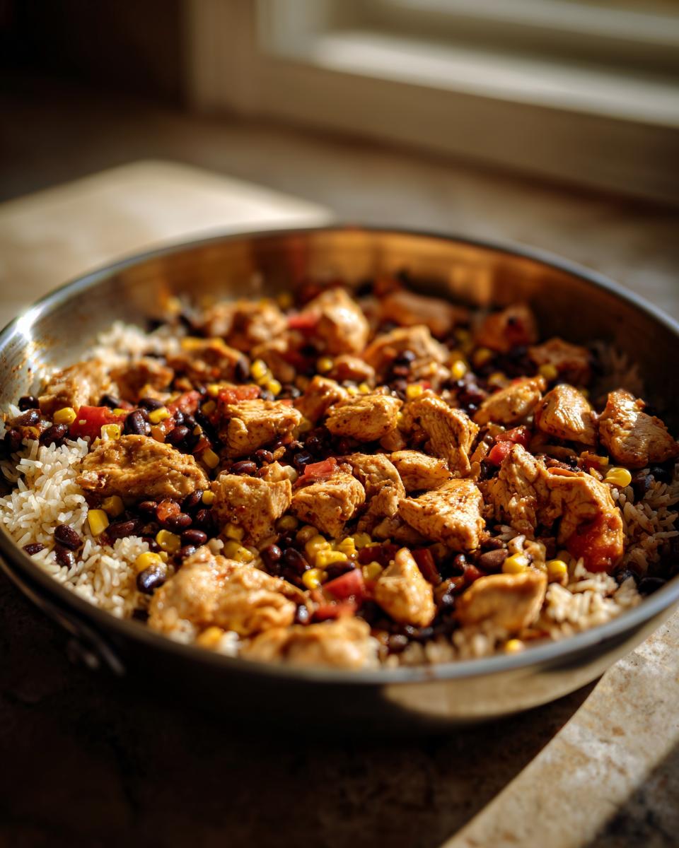 Close-up of a One Pan Chicken Burrito Bowl with seasoned chicken, rice, black beans, and corn in a stainless steel skillet.