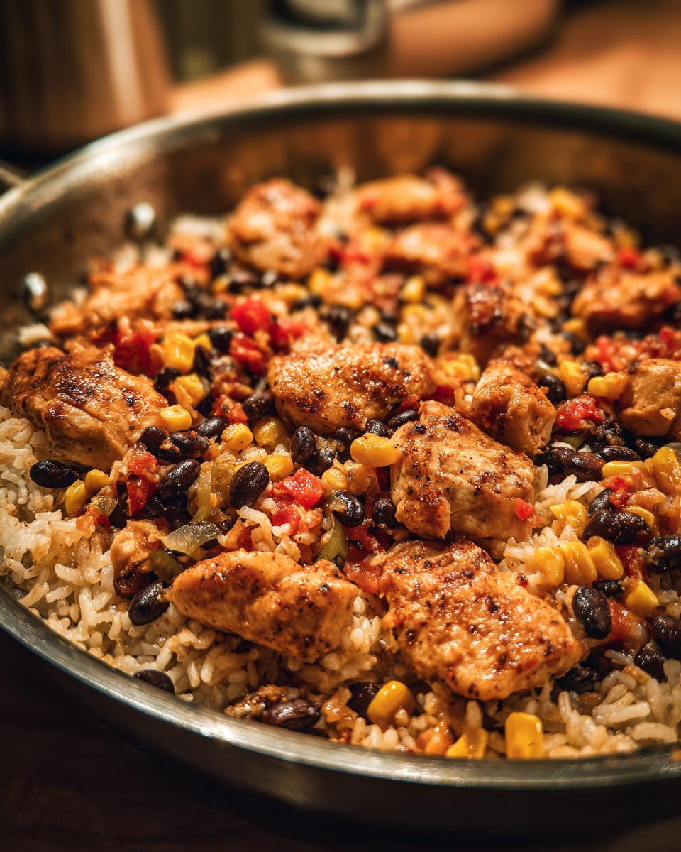 Close-up of a One Pan Chicken Burrito Bowl with seasoned chicken, black beans, corn, and rice in a skillet.
