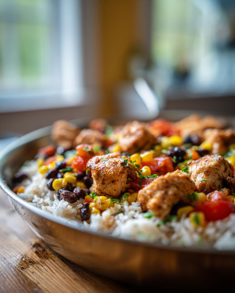 Close-up of seasoned chicken chunks, black beans, corn, and tomatoes served over rice in a stainless steel skillet&mdash;the One Pan Chicken Burrito Bowl.