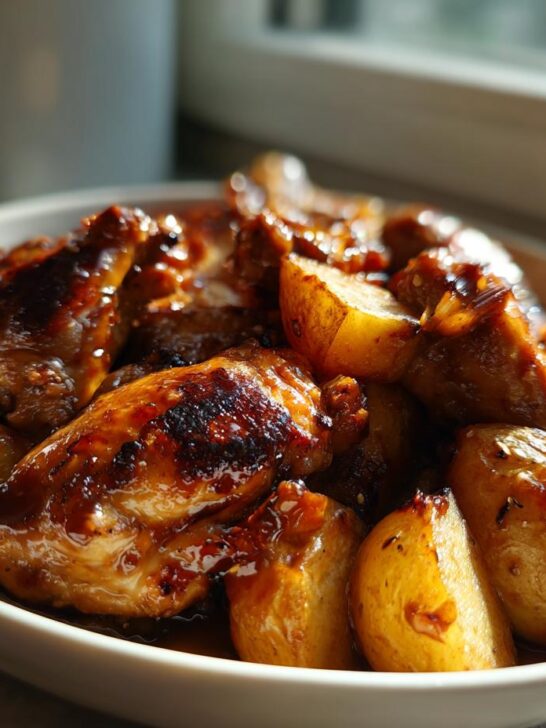 Close-up of glossy, caramelized One Pan Honey Garlic Chicken And Potatoes served in a white bowl.