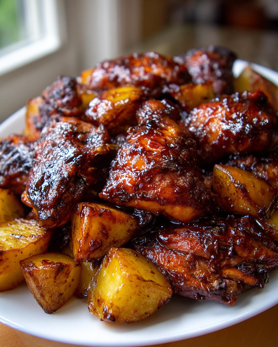Close-up of juicy, glazed chicken pieces mixed with roasted potatoes from the One Pan Honey Garlic Chicken And Potatoes.
