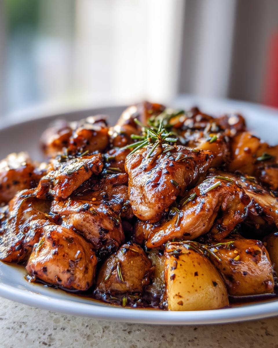 Close-up of glistening, saucy One Pan Honey Garlic Chicken And Potatoes garnished with fresh rosemary.