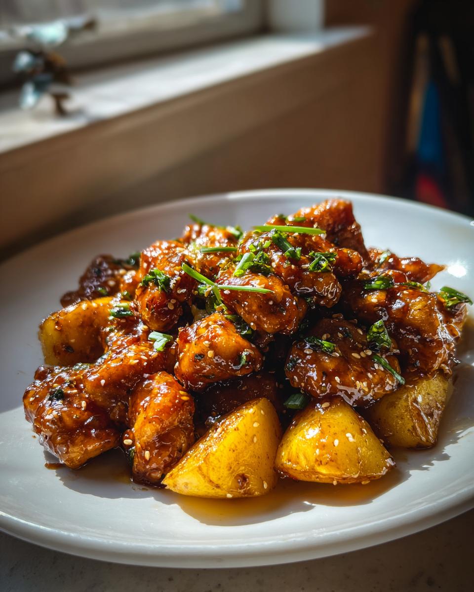 Close-up of glazed One Pan Honey Garlic Chicken And Potatoes garnished with sesame seeds and chives.